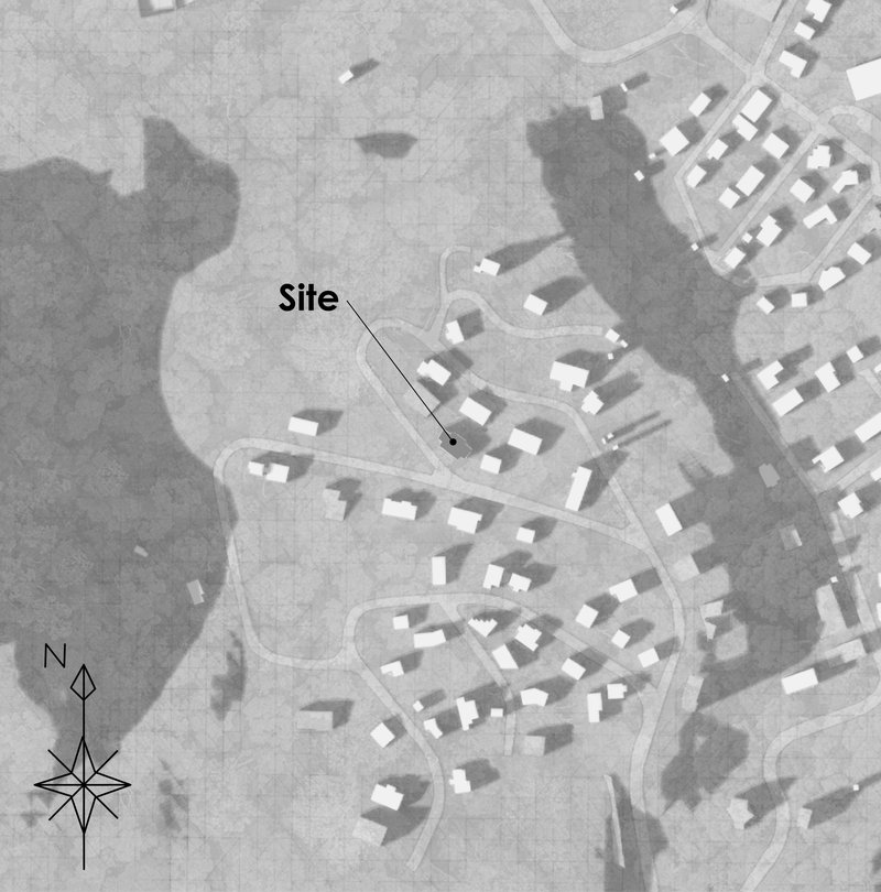 Site plan drawing showing the lot location within a curving residential street layout with compass rose