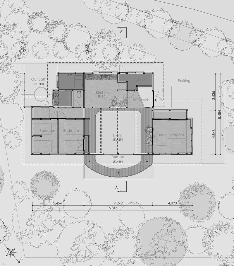 Floor plan drawing with central living area flanked by bedroom wings and surrounded by landscaped tree canopies