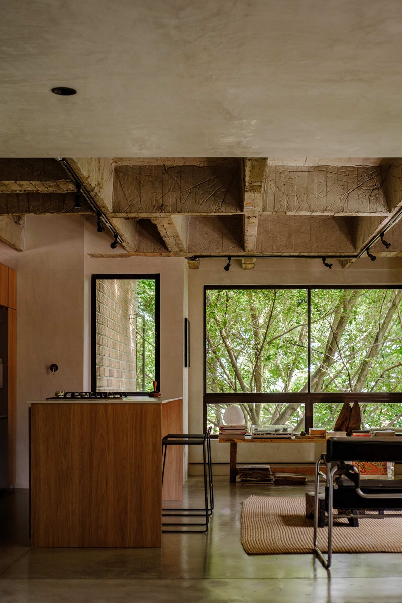 Kitchen with exposed timber ceiling structure, timber island, and windows framing trees outside