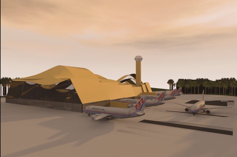 Exterior perspective of the terminal, emphasizing the wave-like form and integration with the tropical landscape.