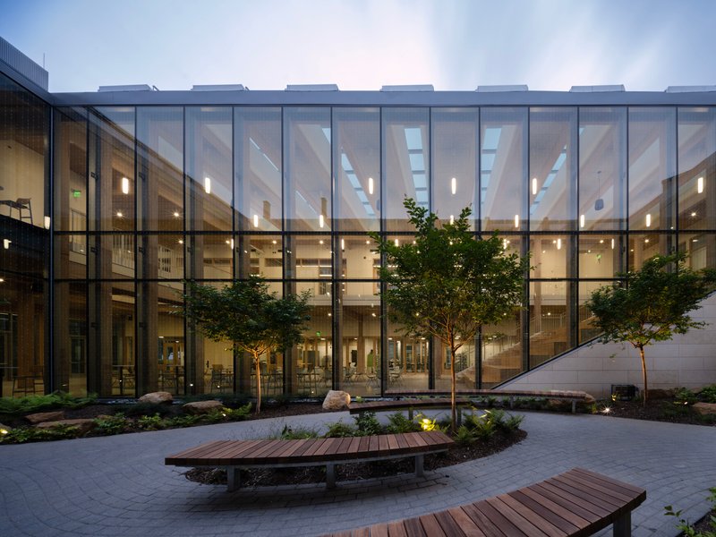 Interior courtyard with timber benches and planted trees framed by the glazed facade at twilight