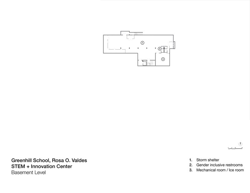 Basement level floor plan drawing showing storm shelter and service spaces
