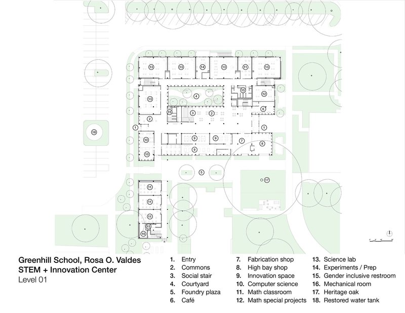 Ground floor plan drawing showing classrooms surrounding a central courtyard with tree canopy outlines