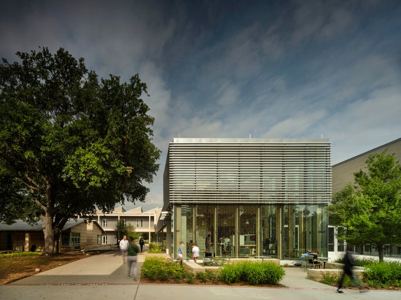 Glass box pavilion with horizontal sunshade louvers framed by a large tree and pedestrian pathway
