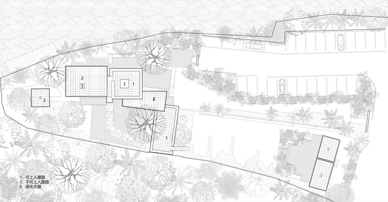 Roof plan drawing depicting multiple pavilions with grid skylights dispersed across the wooded site