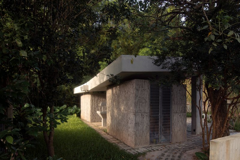 Street view of the board-formed concrete facade with cantilevered roof slab among dense trees