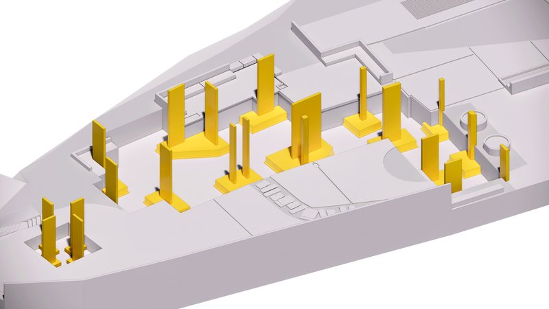 Axonometric diagram with yellow massing blocks showing existing buildings on a sloped site