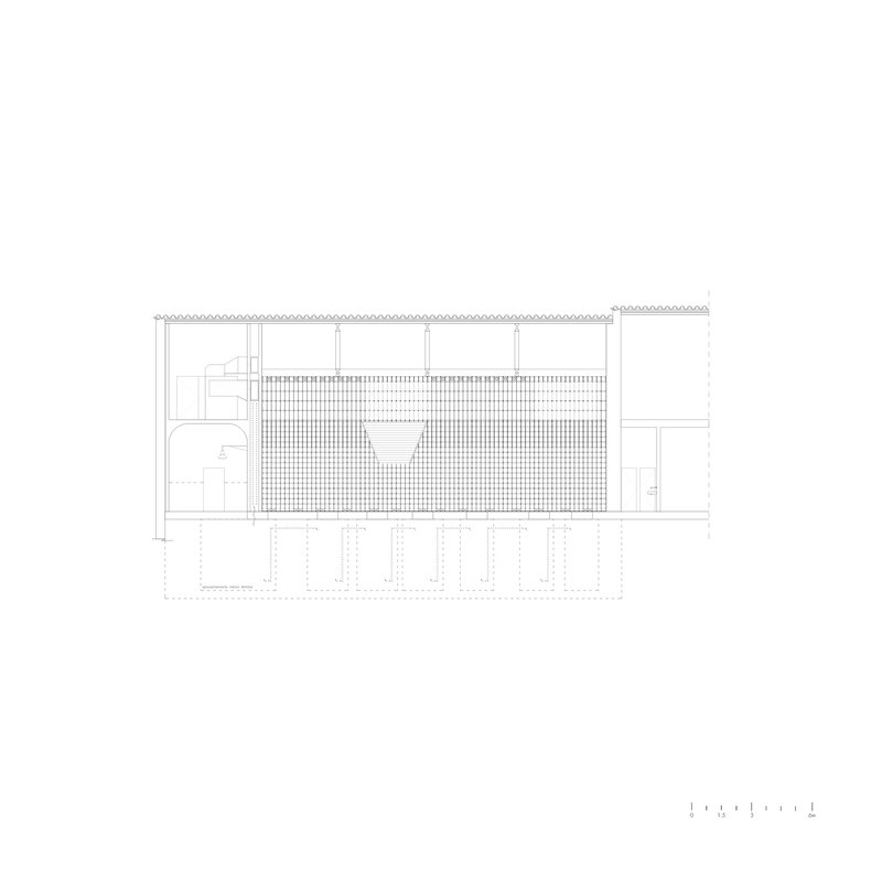 Section drawing revealing interior volumes beneath a low-pitched roof with gridded ceiling below