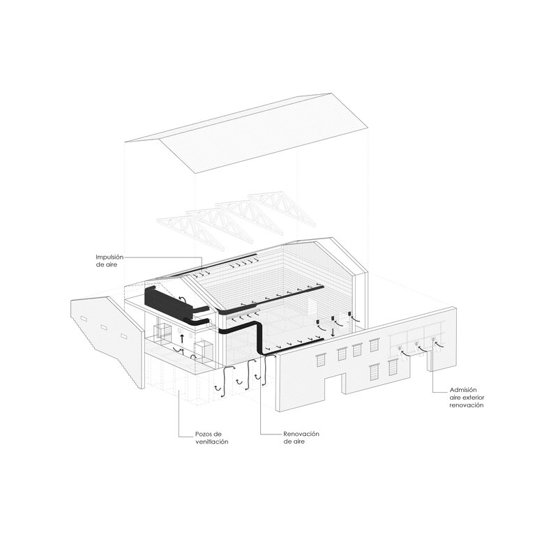 Exploded axonometric drawing revealing the roof, truss structure, interior volume, and exterior walls