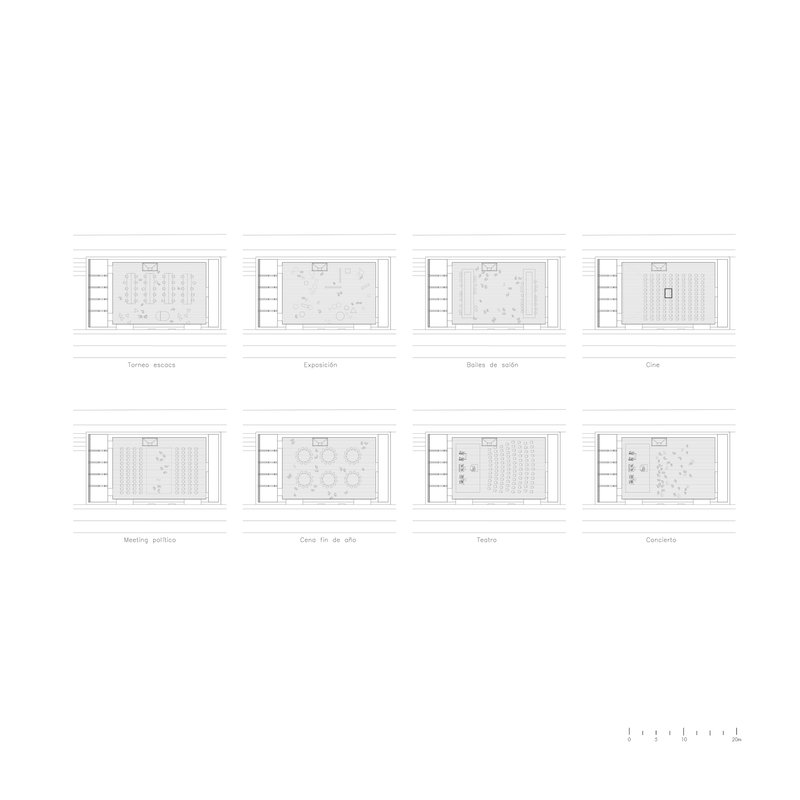 Floor plan variations showing eight different interior configurations with furniture layouts