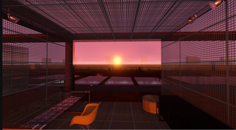 Interior viewing space overlooking the river at sunset, framed by a steel mesh structure and warm ambient lighting.