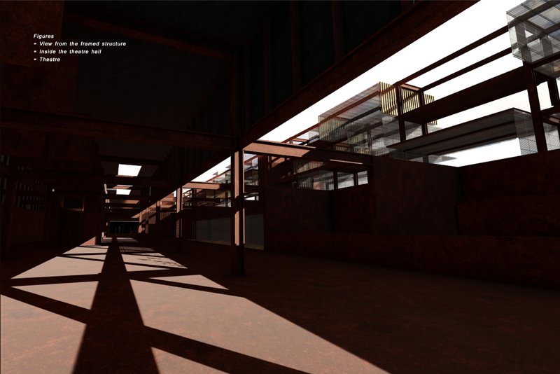 Linear cultural structure and elevated walkways creating dramatic light and shadow within the theatre complex.