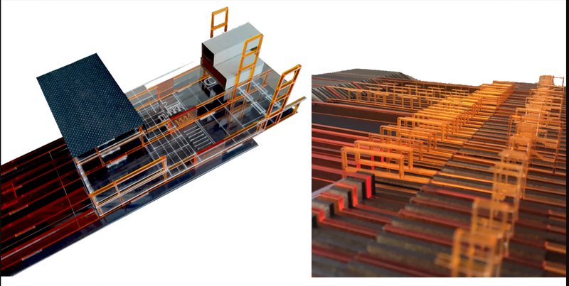 Conceptual model illustrating the structural system and spatial organization of the theatre and public platform.