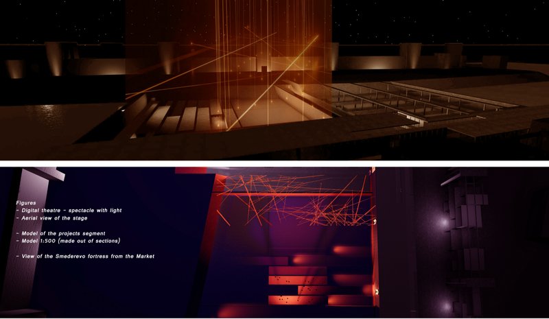 Digital theatre installation where beams of light form an immersive performance environment within the fortress site.