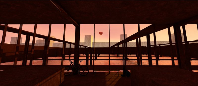 Open waterfront pavilion framing views of the river and city skyline, creating a contemplative public gathering space.