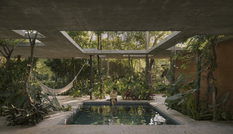 Covered courtyard with concrete roof slab framing a pool surrounded by dense tropical vegetation