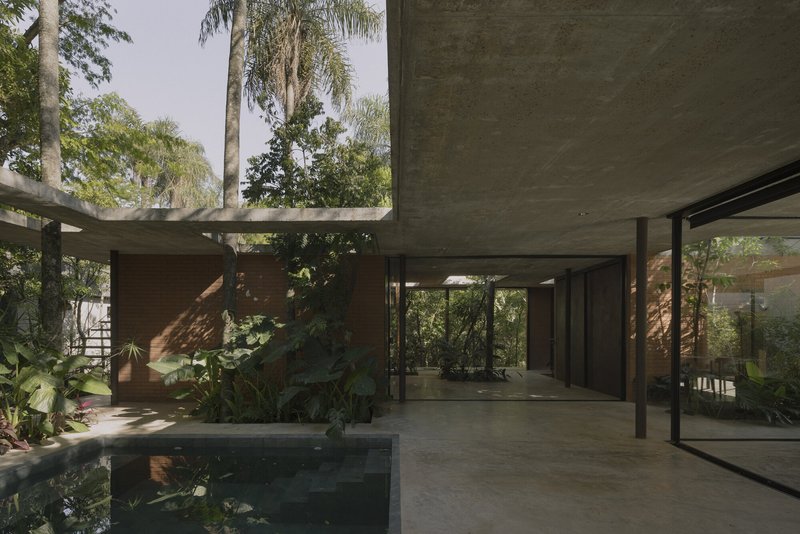 View across the water courtyard toward glass-walled living spaces framed by concrete structure and palm trees