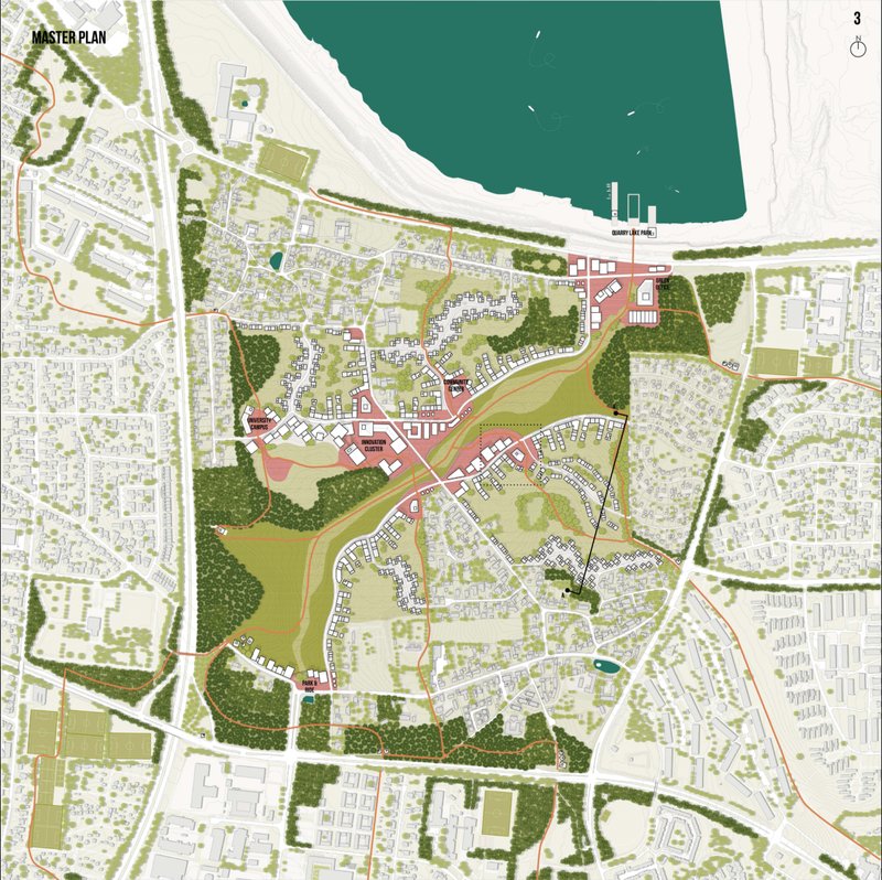 Masterplan strategy stitching fragmented urban fabric into a cohesive, sustainable district through green infrastructure.