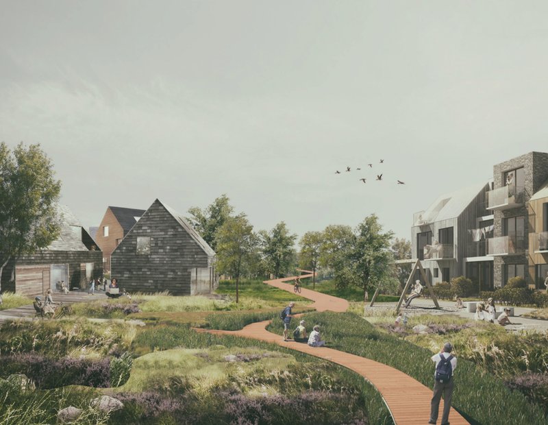 Human-scaled housing clusters embedded within ecological corridors promote inclusive and nature-driven living.