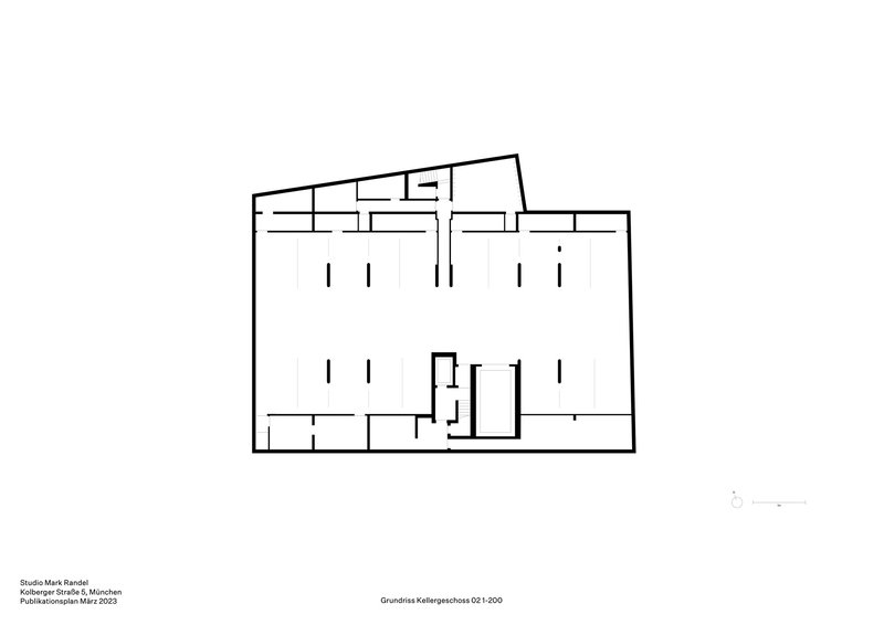 Floor plan drawing showing two large open volumes with a central core and perimeter service rooms