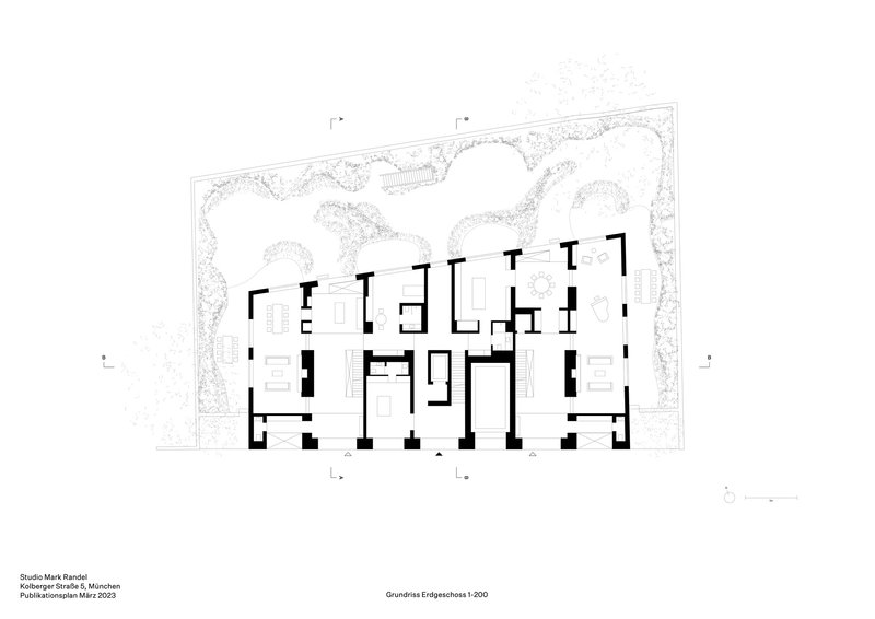 Ground floor plan drawing with landscaped edges showing residential units and central courtyard spaces