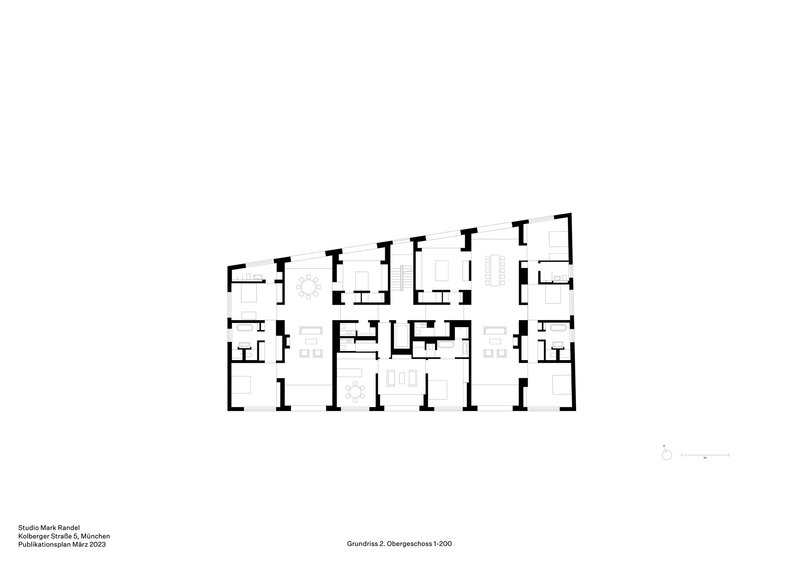 Floor plan drawing showing residential units with living spaces and central service cores