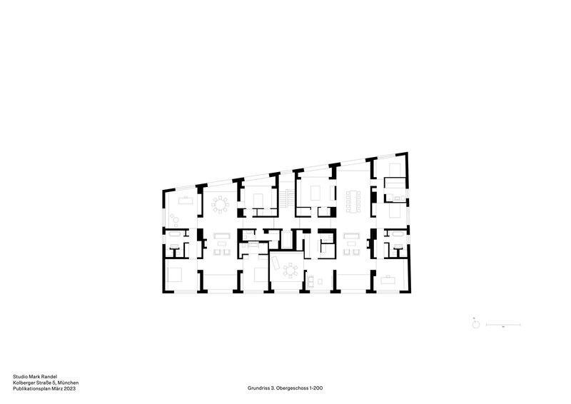 Floor plan drawing showing residential units organized around two central vertical circulation cores