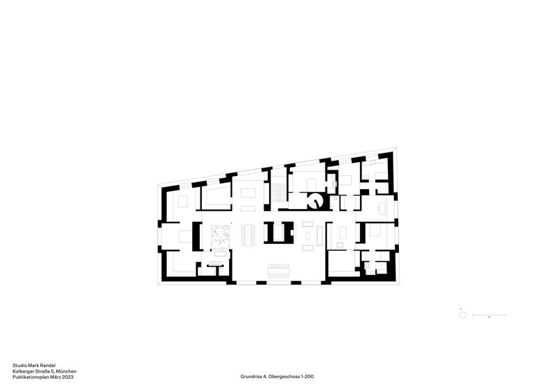Floor plan drawing showing a central kitchen and circulation core flanked by residential units