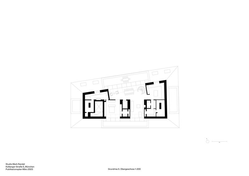 Floor plan drawing showing three residential units separated by a central glazed courtyard space