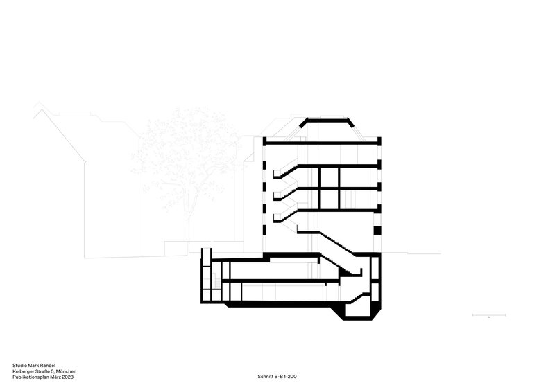 Building section drawing revealing cascading interior levels connected by a diagonal stair run