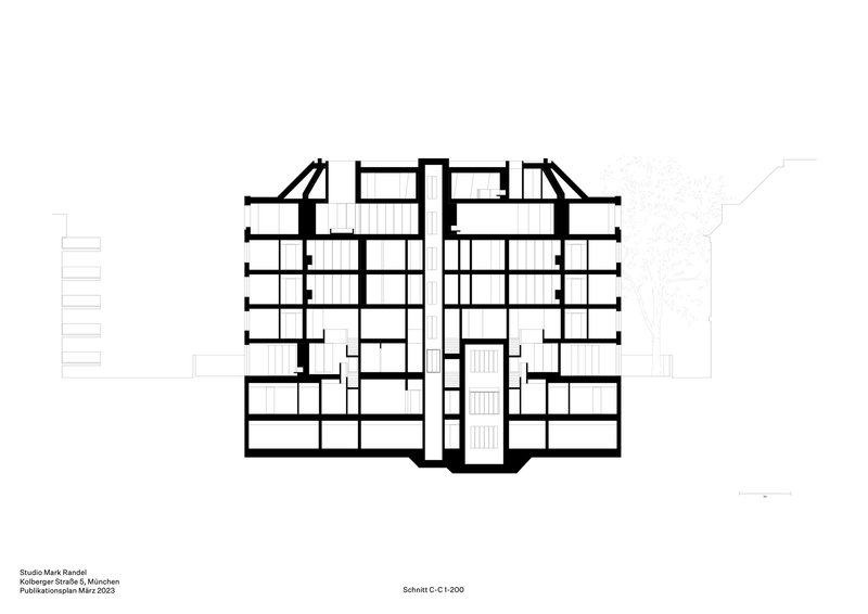 Building section drawing displaying two towers linked by a central vertical circulation core