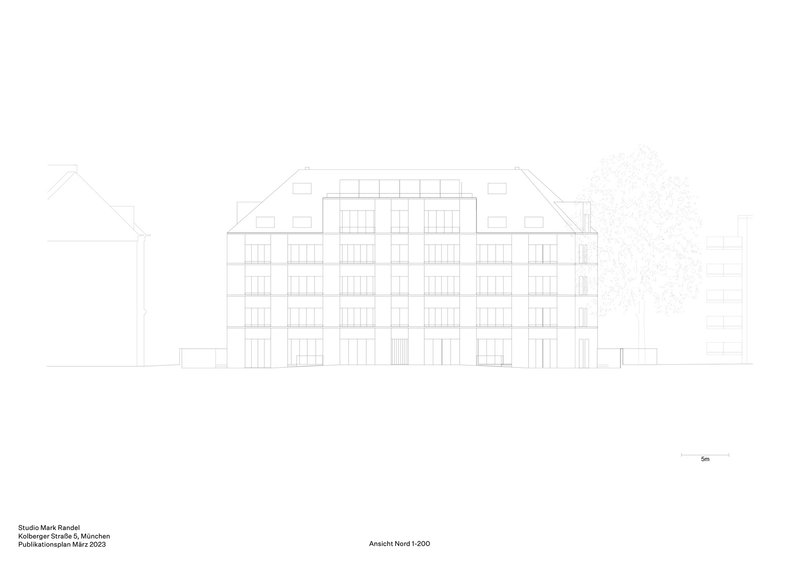 Elevation drawing showing a five-story facade with symmetrical window arrangement and pitched roof