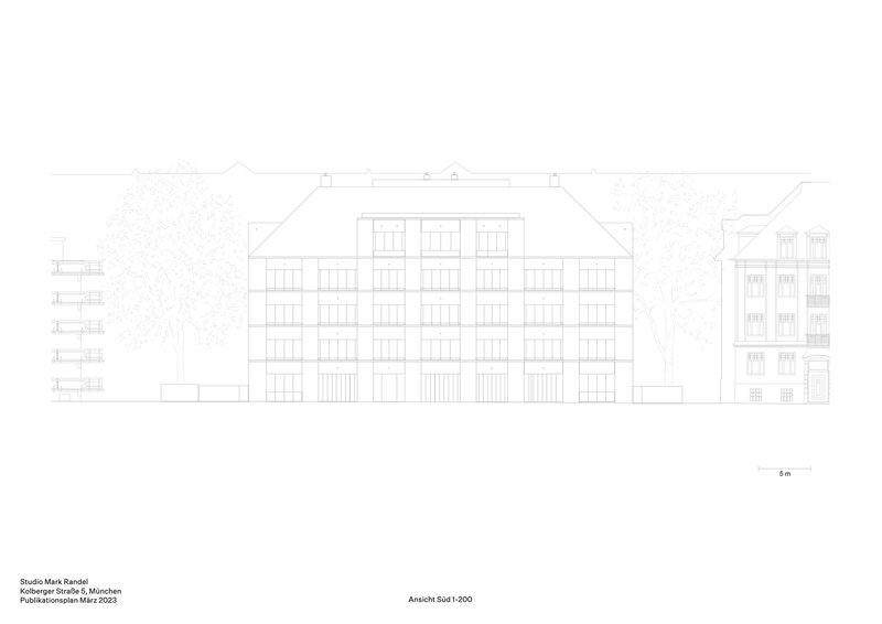 Elevation drawing showing central five-story block between adjacent lower buildings and trees