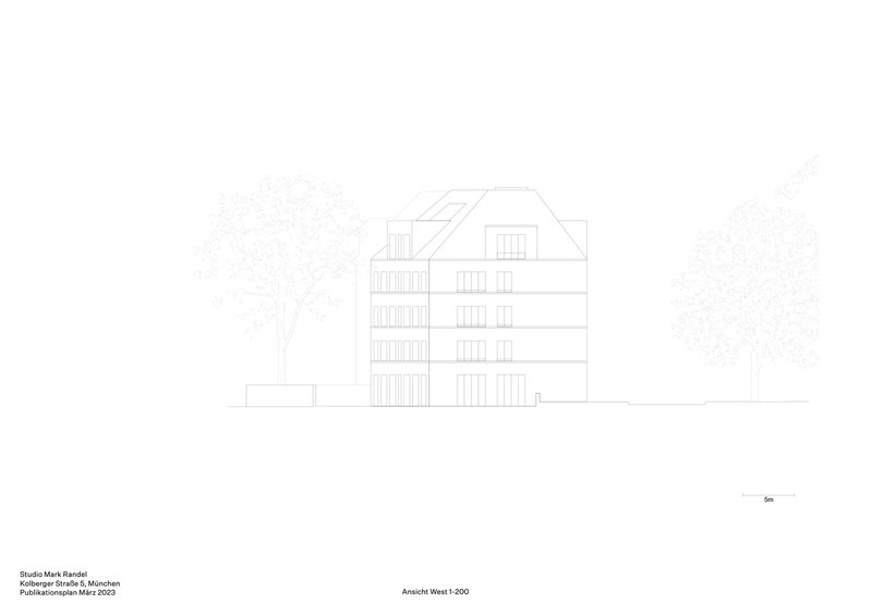 Elevation drawing showing a corner building with pitched roof between mature trees