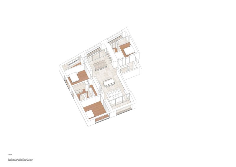 Isometric drawing showing a residential unit with central living space and bedrooms marked in wood