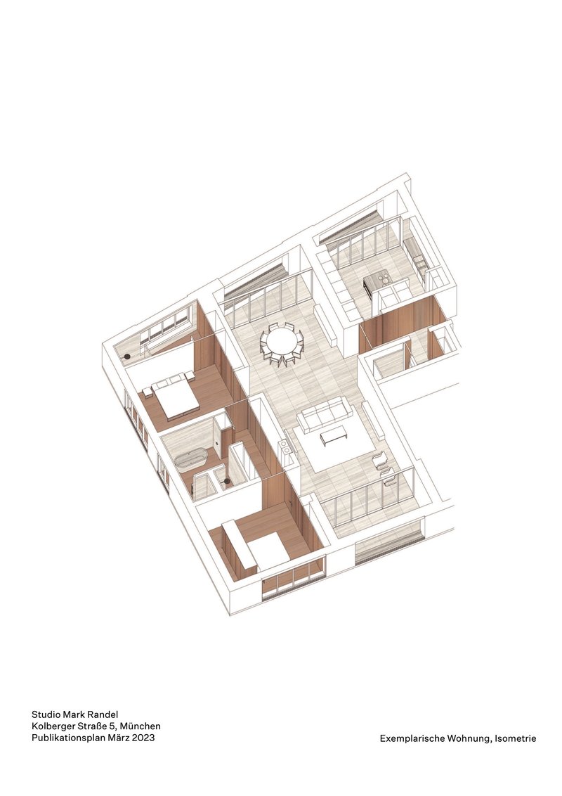 Isometric drawing showing apartment layout with living area, dining table, and bedrooms in wood tones