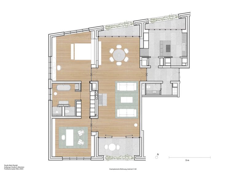 Floor plan drawing showing residential layout with dining area, living spaces, and bathroom zones