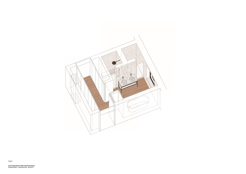 Axonometric drawing revealing bedroom with freestanding bathtub and wooden flooring in central volume