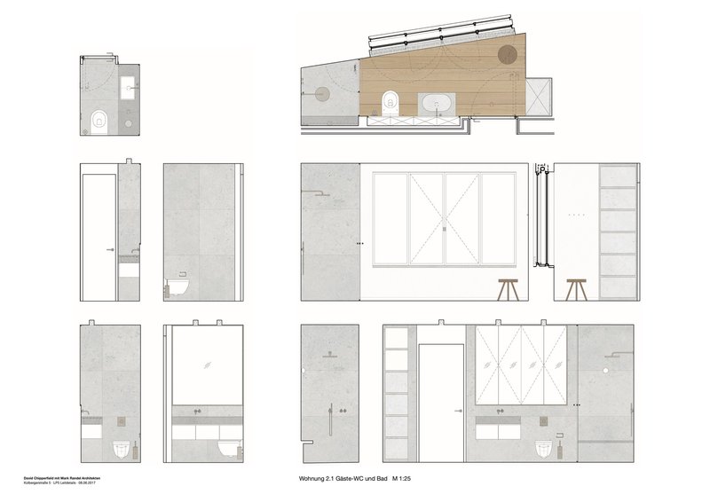 Section and elevation drawings showing bathroom layout with bathtub, storage, and wall-mounted fixtures