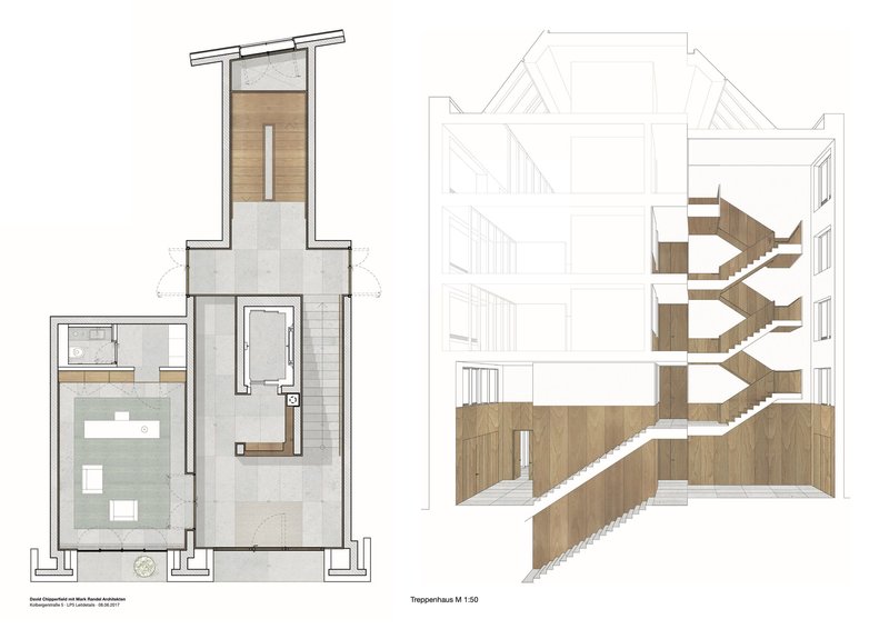 Section and axonometric drawings of staircase system connecting multiple levels with timber treads