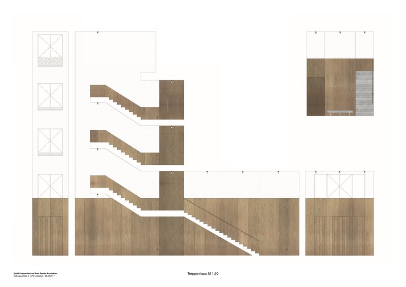 Section drawing showing continuous timber staircase traversing four levels of interior space