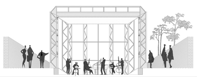 Linear performance pavilion activates the public corridor through cultural programming and open accessibility.