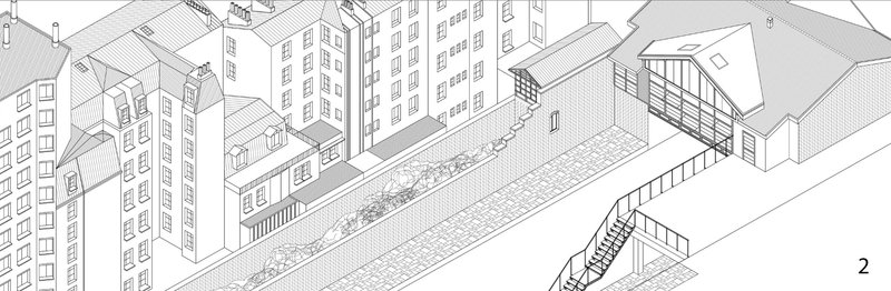 Modular structures and terraces create layered social spaces integrating architecture with everyday urban life.