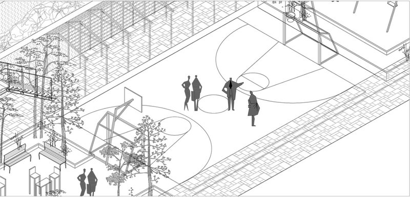 Recreational courts embed active urban life, encouraging movement and community engagement.