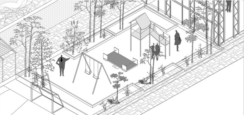 Children’s play zone introduces human-scale interaction within the regenerated public landscape.