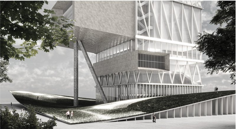 Vertical opera house emerging from a sculpted public landscape, framing Tallinn’s waterfront.