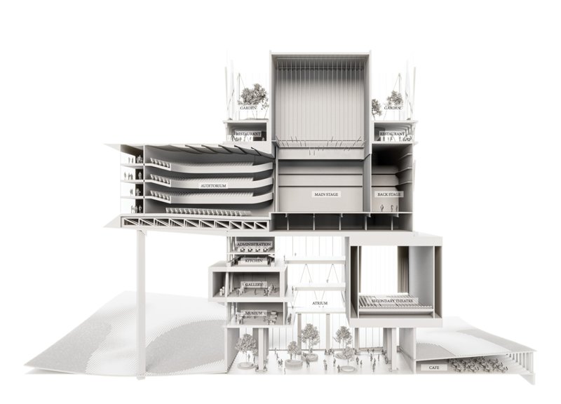 Stacked program reveals auditorium, public spaces, and vertical circulation within a compact footprint.