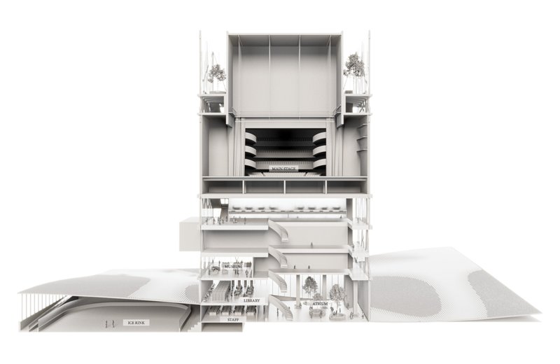 Centralized vertical circulation connects cultural programs from public base to performance halls above.