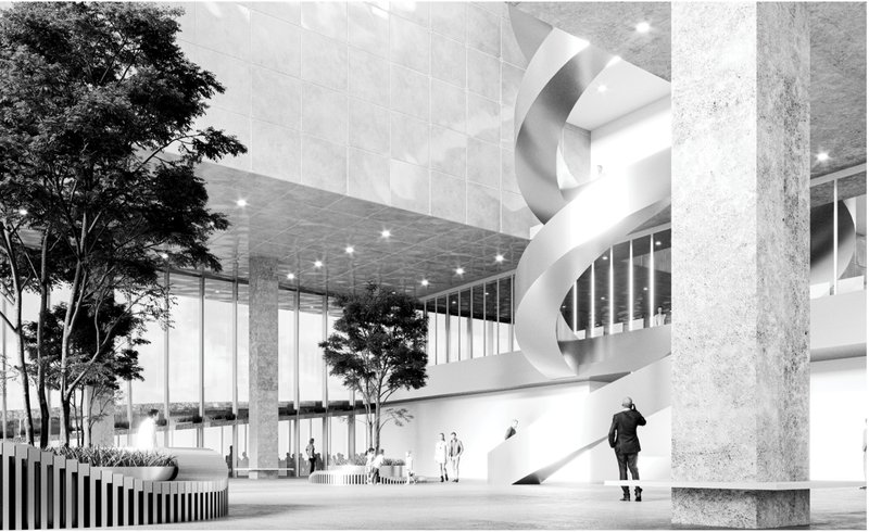 Light-filled atrium with sculptural staircase integrates public movement and visual connectivity.
