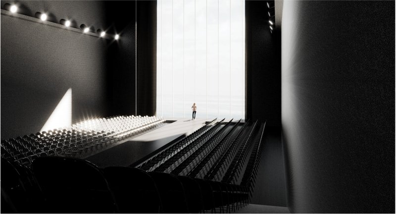 Dramatic auditorium space emphasizing intimacy, acoustics, and focused stage experience.